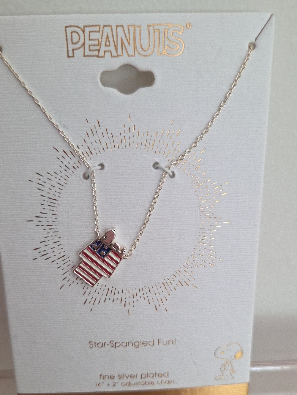 Peanuts Silver-Plated Snoopy Flag Necklace - Red, White & Blue NWT